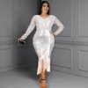 Plus Size Sliver Sequined Dresses With Tassel For Women Bodycon V Neck Full Sleeve Elegant Party Vestidos Mujer Dress 5xl 6xl Plus Size Sliver Sequined Dresses With Tassel For Women Bodycon V Neck Full Sleeve Elegant Party Vestidos Mujer Dress 5xl 6xl