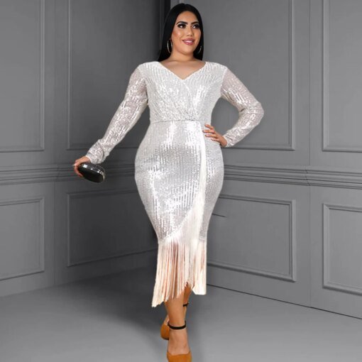 Buy Plus Size Sliver Sequined Dresses With Tassel For Women Bodycon V Neck Full Sleeve Elegant Party Vestidos Mujer Dress 5xl 6xl online shopping cheap
