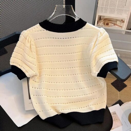 Buy Popular Pullover Top Bowknot Decor Comfortable Cropped Top Summer Patchwork Color Hollow Cropped Top online shopping cheap
