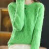 Buy RONGNI 2023 Autumn Winter New Women's Round Neck Sweater Mink Knit Pullover Solid Color Hollow Long Sleeve Casual 023 online shopping cheap