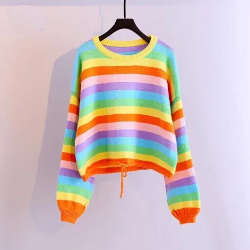 Buy Rainbow New Women Korean Lady Pullover Woman Sweaters Low Neck Collar Tops Loose Women's Sweater Winter Clothes Girl Coat Suéter online shopping cheap