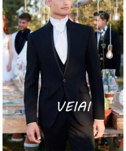 Regular Blazer Terno Costume Men’s Suits Single Breasted Black Stand Lapel Alim Fit Three Piece Jacket Pants Vest Luxury Wedding