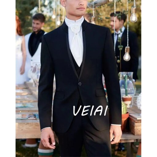 Buy Regular Blazer Terno Costume Men's Suits Single Breasted Black Stand Lapel Alim Fit Three Piece Jacket Pants Vest Luxury Wedding online shopping cheap