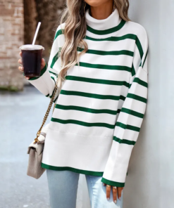 Remelon Casual Fashion Turtleneck Striped Split Women’s Sweater 2023 Autumn Elegant Chic Knit Pullover Loose Women Clothing