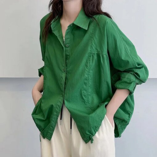 Buy Retro Literary Loose Solid Color Shirt Women 2023 Autumn New Loose Design Top Camisas De Mujer online shopping cheap