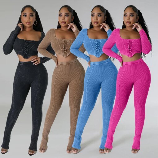 Buy Ribbed Elegant 2 Pieces Sets Outfits 2023 Women Fall Winter Clothes Sexy Women Tracksuits Joggers Hoodie Tops Two Piece Sets online shopping cheap