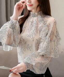 See Through Lace Mesh Tops Women Chiffon Women’s Elegant Blouse Vintage Female 2023 Fashion Woman Blouses and Shirts