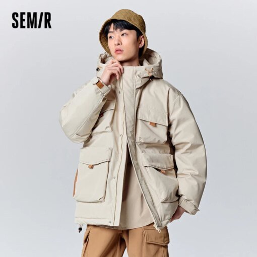 Buy Semir Down Jacket Men 2023 Winter New Casual Multi-Pocket Workwear Style Fashionable Thin Loose Hooded Jacket online shopping cheap