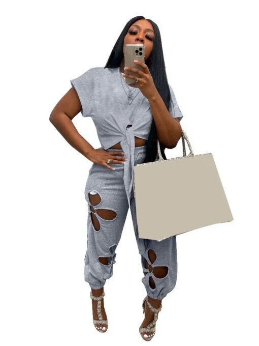 Buy Sexy Two Piece Set Women Front Tie Up Pullover Shirts Top And Trousers Flower-Shaped Cut-Out Summer Casual Loose 2pcs Set Outfit online shopping cheap