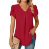 Buy Shirts & Blouses Elegant Women Top Blouse Flower 2023Summer Fashion Simplicity Short Sleeve Solid V-Neck Commuter Office Female online shopping cheap