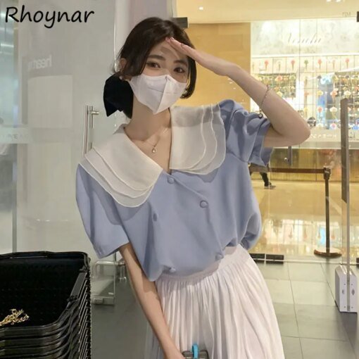 Buy Shirts Women Simple Patchwork Ruffled Thin Puff Sleeve Summer All-match Kawaii Korean Style Streetwear Casual Teens Fashion Ins online shopping cheap