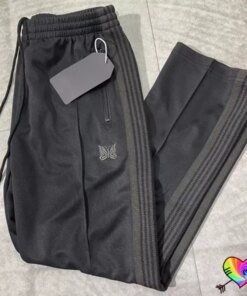 Buy Similar All Black Needles Pants 2022 Men Women 1:1 High Quality Embroidered Butterfly Needles Track Pants Straight AWGE Trousers online shopping cheap