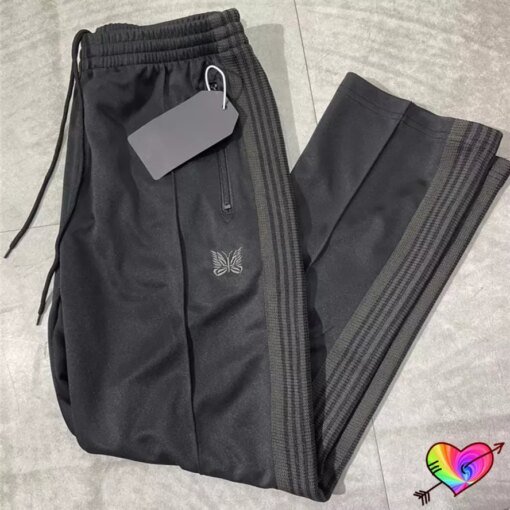 Buy Similar All Black Needles Pants 2022 Men Women 1:1 High Quality Embroidered Butterfly Needles Track Pants Straight AWGE Trousers online shopping cheap