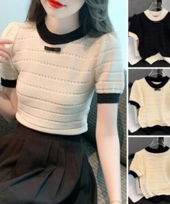 Simple Pullover Top French Style Skin-Touching Ladies Knitwear Crochet Patchwork Color Tee Shirt