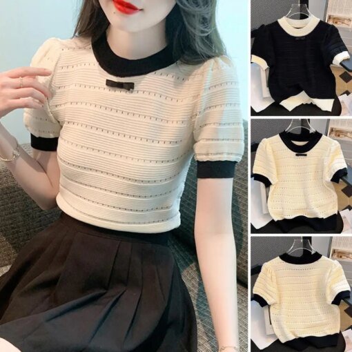 Buy Simple Pullover Top French Style Skin-Touching Ladies Knitwear Crochet Patchwork Color Tee Shirt online shopping cheap