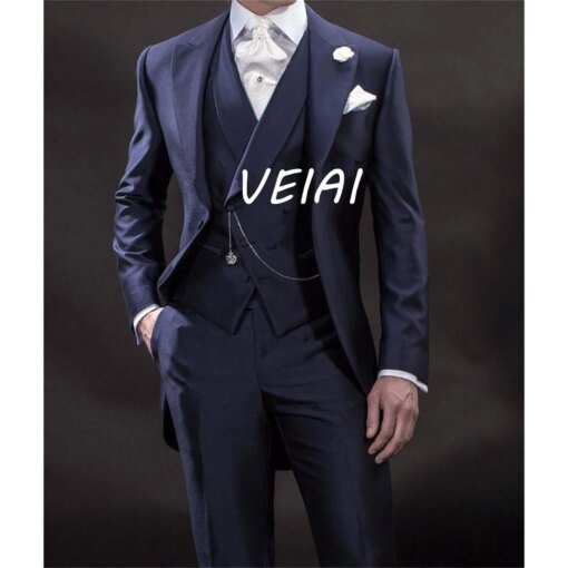 Buy Slim Fit Formal Men Suits with Double Breasted Waistcoat Navy Blue Male Fashion Jacket Pants 3 Piece Wedding Tuxedo for Groom online shopping cheap