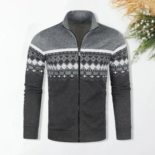 Buy Slim Fit Men Knit Sweater Stylish Men's Retro Print Cardigan Slim Fit Stand Collar Sweater for Fall Winter Spring Fall Men online shopping cheap