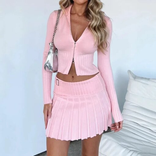 Buy Solid Knitted 2 Piece Set Women Turn Down Collar Long Sleeve Double Zipper Jackets Crop Top Folded Mini Pleated Skirts Suits online shopping cheap
