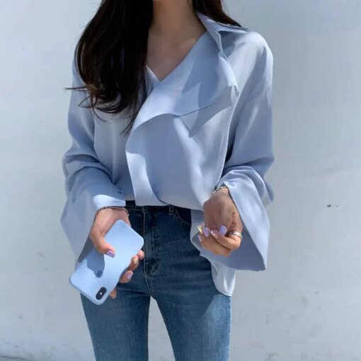 Buy South Korea Chic Korean Series Long Sleeve Blue Shirts for Women