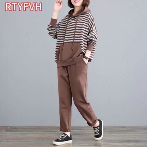 Buy Spring Casual Loose Striped Hooded 2 Piece Sets Sweatshirt And Harem Pants Tracksuit Oversized 4XL Korean Sweatsuit Women Outfit online shopping cheap