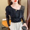 Buy Spring Fall European Clothes T-Shirt Thin Fashion Ruffles Sexy Skew Neck Ruffles Shiny Rivet Women Tops Long Sleeve 2022 Tees 92 online shopping cheap