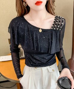 Spring Fall European Clothes T-Shirt Thin Fashion Ruffles Sexy Skew Neck Ruffles Shiny Rivet Women Tops Long Sleeve 2022 Tees 92