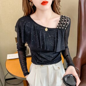 Spring Fall European Clothes T-Shirt Thin Fashion Ruffles Sexy Skew Neck Ruffles Shiny Rivet Women Tops Long Sleeve 2022 Tees 92