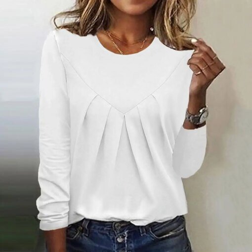Buy Spring Fall Top O Neck Lady Top Soft Breathable Lady's Pleated Pullover Simple Style Loose Fit Skin-friendly T-shirt for Fall online shopping cheap