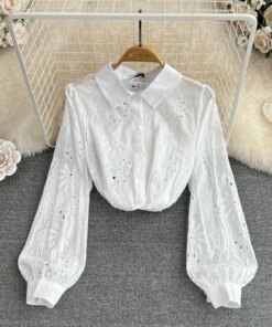 Spring Fashion Lapel Hollow Crochet Embroidery Single-breasted Temperament Loose Tops