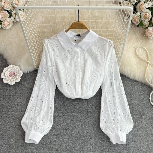 Buy Spring Fashion Lapel Hollow Crochet Embroidery Single-breasted Temperament Loose Tops online shopping cheap