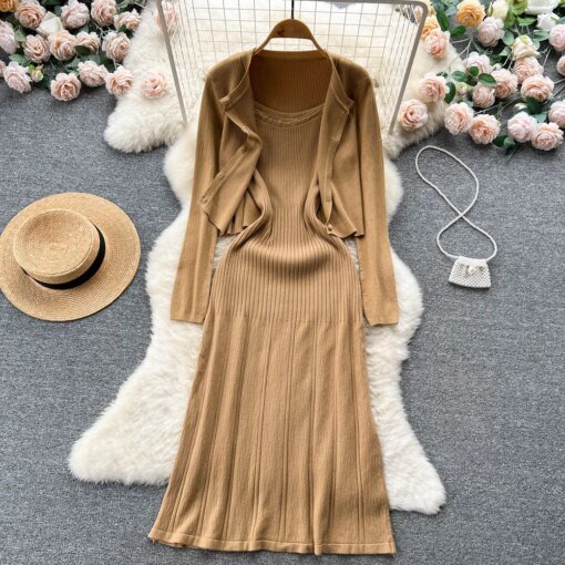 Buy Spring French Knit Long-sleeved Shawl Cardigan + Halter Hem Dress Two-piece Set online shopping cheap