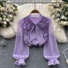 Buy Spring New French Chiffon Ruffle Design Sense Niche Bow Collar Long-sleeved Chic Tops online shopping cheap