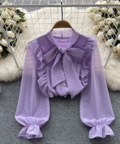 Spring New French Chiffon Ruffle Design Sense Niche Bow Collar Long-sleeved Chic Tops