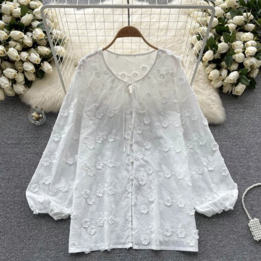 Buy Spring New French Sweet Lace Embroidery Loose Bubble Sleeve Sun Protection White Tops online shopping cheap