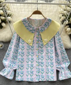 Spring New Korean Style Sweet Heavy Double Doll Collar Three-dimensional Flowers Printed Loose Long-sleeved Shirt