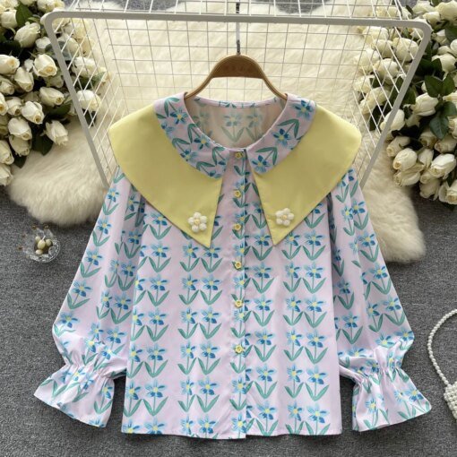 Buy Spring New Korean Style Sweet Heavy Double Doll Collar Three-dimensional Flowers Printed Loose Long-sleeved Shirt online shopping cheap