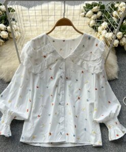 Spring New Korean Sweet Lace Lace Double Lace Doll Collar Print Loose Bubble Sleeve Chic Shirt