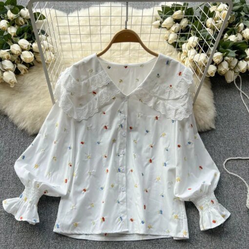 Buy Spring New Korean Sweet Lace Lace Double Lace Doll Collar Print Loose Bubble Sleeve Chic Shirt online shopping cheap