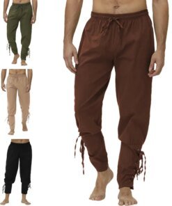 Spring Summer Men’s Casual Solid Color Harlan Pants Male Medieval Pants Viking Costume Pirate Trousers Lace Up Pants