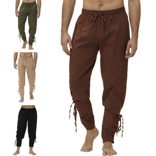 Buy Spring Summer Men's Casual Solid Color Harlan Pants Male Medieval Pants Viking Costume Pirate Trousers Lace Up Pants online shopping cheap