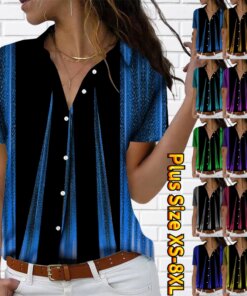 Spring Summer New Design Printing Button Short Sleeve Women Retro Loose Size Sexy V-neck Shirt Everyday Street Trend Blouse