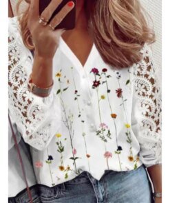 Spring Vintage Lace Patchwork Women Shirts Fashion Sexy Loose Long Sleeve Hollow Out Blouses Casual Elegant Office Lady Shirts