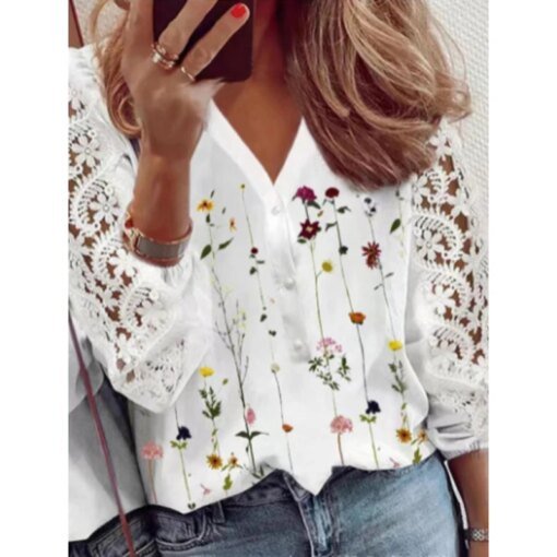Buy Spring Vintage Lace Patchwork Women Shirts Fashion Sexy Loose Long Sleeve Hollow Out Blouses Casual Elegant Office Lady Shirts online shopping cheap