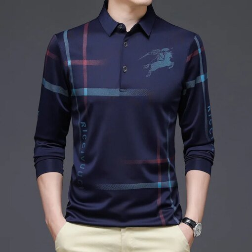 Buy Spring and Autumn Men's Pullover Collar Button Letter Stripe Animal Print Long Sleeve T-shirt Polo Bottom Fashion Formal Tops online shopping cheap