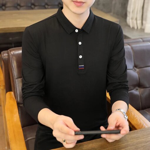 Buy Spring and Autumn Men's Pullover Polo Button Contrast Solid Long Sleeve T-shirt Polo Bottom Fashion Office Lady Casual Tops online shopping cheap