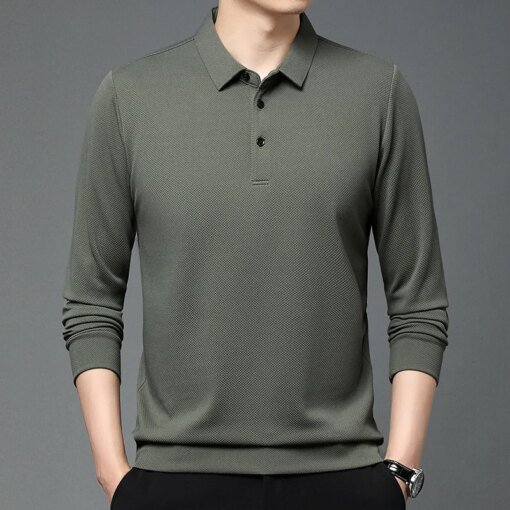 Buy Spring and Autumn Men's Pullover Polo Button Solid Long Sleeve Formal T-shirt Polo Bottom Fashion Office Lady Casual Tops online shopping cheap