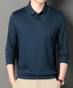 Spring and Autumn Men’s Pullover Polo Collar Geometric Printing Panel Button Long Sleeve T-shirt Polo Bottom Fashion Casual Tops