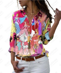 Spring2023New Disney Family Character Pattern 3D Printed Shirt Button Lapel Cardigan Top Women’s Loose Relaxed Long Sleeve Shirt