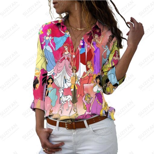 Buy Spring2023New Disney Family Character Pattern 3D Printed Shirt Button Lapel Cardigan Top Women's Loose Relaxed Long Sleeve Shirt online shopping cheap