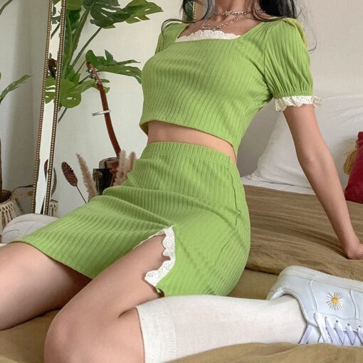 Buy Summer And Spring New Solid Color Splicing Crop Crop Short Sleeve Blouse Split Skirt Suit Is Fashionable And Sexy online shopping cheap